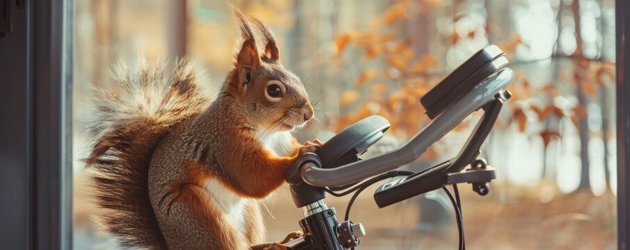 A squirrel on a spinning bike, energetically pedaling, in a fitness studio setting