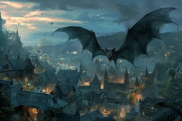 An ancient vampire bat, its wings spread wide, casting a terrifying shadow over a medieval village at dusk - obrazy, fototapety, plakaty