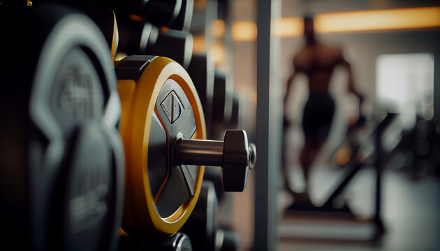 Modern gym. Blurred photo of a Sports equipment in gym. Photo of a blur gym background fitness center or health club with blurry sports exercise equipment.  Ai generated image