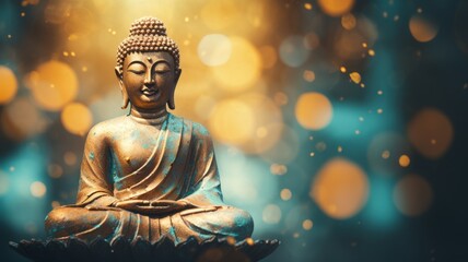A gold statue of a Buddha with a serene expression - obrazy, fototapety, plakaty