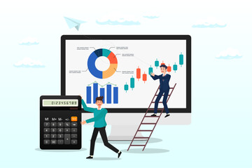 Business people working with financial dashboard and calculator, data analysis, financial dashboard or accounting, corporate revenue or investment profit, tax, budget or marketing strategy (Vector)