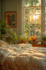 An interior design featuring a bedroom with hardwood flooring, a rectangular window with tints and shades, plants, and a bed, with sunlight shining through the window