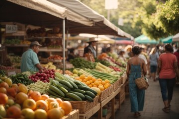 market bustling with buyers and filled with fresh summer vegetables and fruits