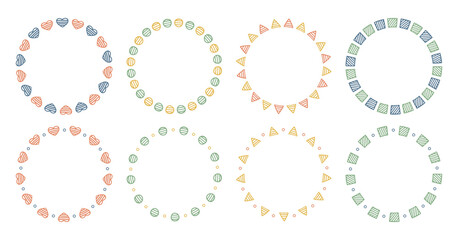 手書きの円形フレームのセット、シンプルな模様、秋の配色	