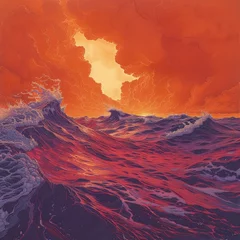 Poster Im Rahmen illustrative Ocean Waves in Red and Orange Tones Under a Stormy Sky, a Metaphor for Passion and Intensity © Ross