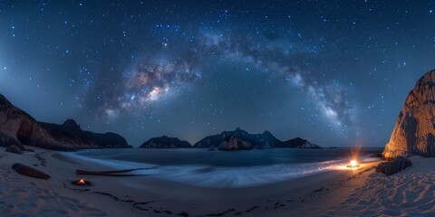 Nighttime Camping by the Beach Under a Starry Sky with Milky Way Arching Over Mountains - obrazy, fototapety, plakaty