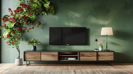 Interior mock up living room. cabinet for TV or place object in modern living room with lamp,table,flower and plant