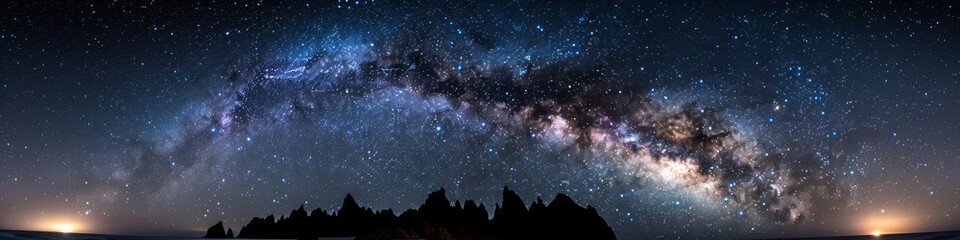 Panoramic View of the Milky Way Arching Over a Natural Landscape, Highlighting the Spectacular Beauty of the Night Sky