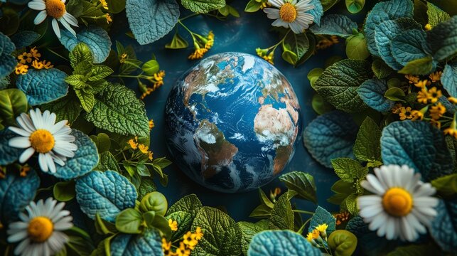 Planet earth with flowers and daisies on blue background.