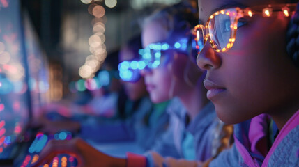 A closeup of a group of students engrossed in a coding workshop eyes focused on glowing computer screens as they work to create new and innovative uses for programmable