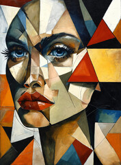 Abstract paining art face portrait as a cubism art.cubism female portrait face with triangles circles and squares. Concept of creative shapes graphics with textured geometric shapes. Geometric face. 