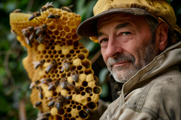 Bee keeper, portrait with copy space of a man working with a honey comb and insectors