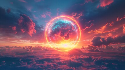A glowing aura circle in the sky over an abstract neon light cloud formation