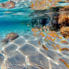 Shallow underwater scene with a turtle swimming over a sandy seabed near colorful coral formations, with schools of small fish and rippling light creating a dynamic and inviting marine environment