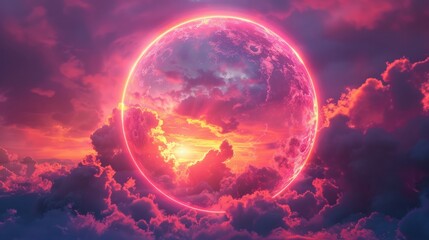 A glowing aura circle in the sky over an abstract neon light cloud formation