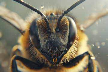 Bee in macro photography, portrait of a flying insect in close-up detail with big eyes - obrazy, fototapety, plakaty