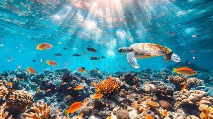 Graceful sea turtle gliding over a coral reef teeming with fish and dappled sunlight