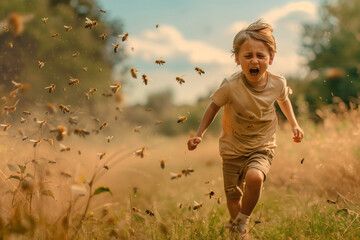 Boy running away from swarm of bees, running in fear being chased by flying insects in a field with copy space
