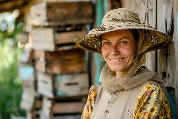 Bee keeper, portrait of an elderly woman working with honeycombs and honey
