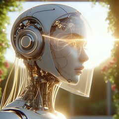 Beautiful cyborg in flower garden symbolizing era of Ai. Artificial intelligence in human life