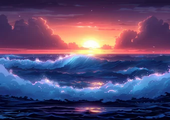 Selbstklebende Fototapeten Stunning digital art of an ocean sunset with waves and clouds reflecting the vibrant hues © Ross