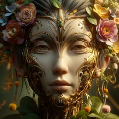 Beautiful cyborg in flower garden symbolizing era of Ai. Artificial intelligence in human life