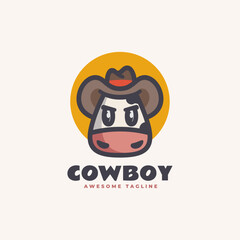 Vector Logo Illustration Cowboy Cow Simple Mascot Style.