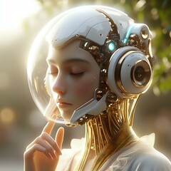 Fototapeta premium Beautiful cyborg in flower garden symbolizing era of Ai. Artificial intelligence in human life