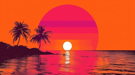 Retro styled tropical sunset with silhouette of palm trees and sun reflection on water