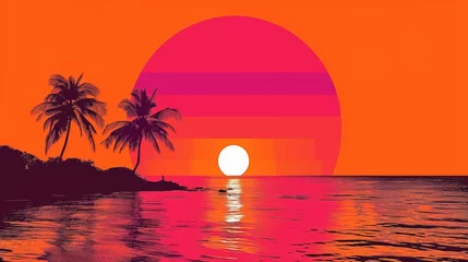 Kussenhoes Retro styled tropical sunset with silhouette of palm trees and sun reflection on water © Ross
