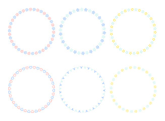 手書きの円形フレームのセット、シンプルな模様、夏の配色