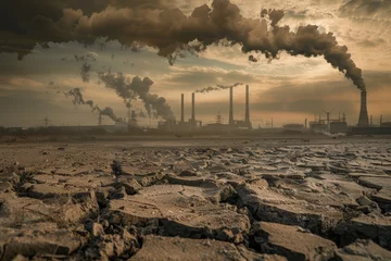 Fotobehang Industrial smokestacks and barren land © InfiniteStudio