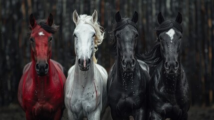 Four horses, white, red, black, and pale. - obrazy, fototapety, plakaty