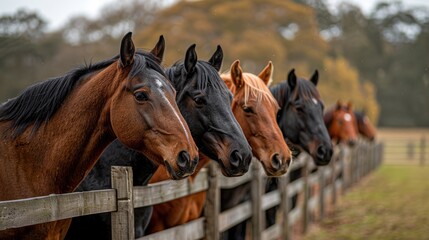 horses - horses putting their heads together - equestrian group - horses on a field behind a fence
