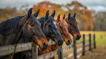 horses - horses putting their heads together - equestrian group - horses on a field behind a fence