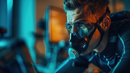 Male athlete wearing a respirator mask and electrodes Practice cycling simulator His cardiovascular system was examined at the doctor's office. - obrazy, fototapety, plakaty