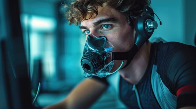 Male athlete wearing a respirator mask and electrodes Practice cycling simulator His cardiovascular system was examined at the doctor's office.