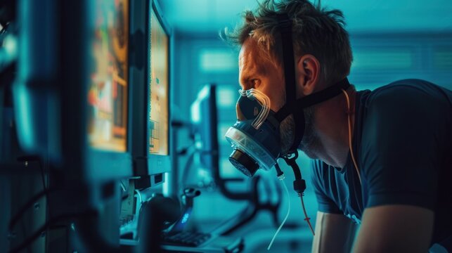 Male athlete wearing a respirator mask and electrodes Practice cycling simulator His cardiovascular system was examined at the doctor's office.