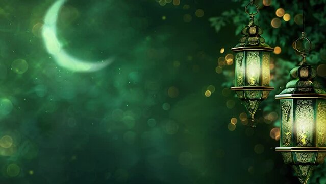 Ramadan Kareem green background with beautiful lights at night illuminated by crescent moon