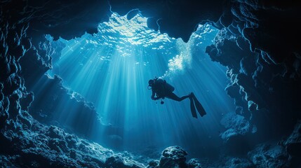 Deep sea diver swimming in a deep sea cave Underwater exploration into the abyss.