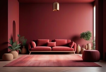 Terra cotta luxury living lounge or reception. Deep dusty red burgundy colour wall - accent background.