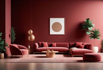 Terra cotta luxury living lounge or reception. Deep dusty red burgundy colour wall - accent background.