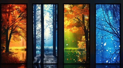 Four panels showing a tree landscape across different seasons from a window view