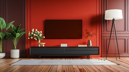 Interior mock up living room. cabinet for TV or place object in modern living room with lamp,table,flower and plant