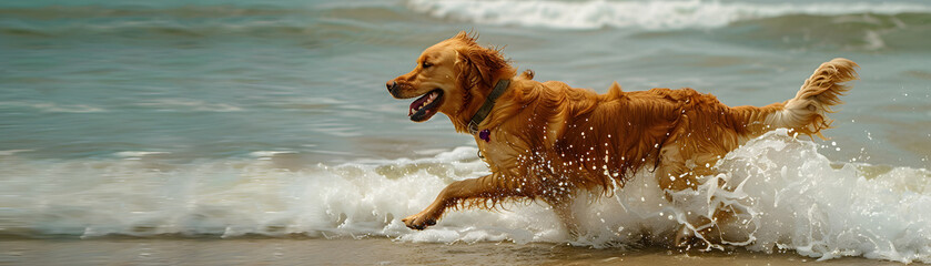 An energetic golden retriever frolics in the surf, splashing through ocean waves with a look of pure joy on its face.