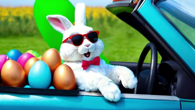 Cute Easter Bunny in sunglasses drives a car filled with Easter eggs