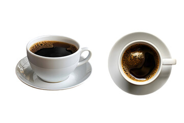 Dos tazas blancas de ceramica con cafe en un fondo transparente. Taza blanca sobre un plato pequeño con cafe espumoso vista desde el frente y desde arriba