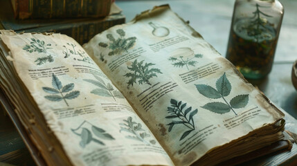 A traditional recipe book open to a page filled with handdrawn illustrations and instructions for preparing a natural remedy.
