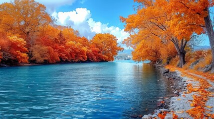 Vibrant Autumn Foliage Alongside a Turquoise River with Clear Blue Sky