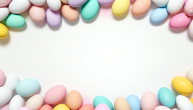 Pastel colorful easter eggs border on white background with a large copy space. 3D render illustration.